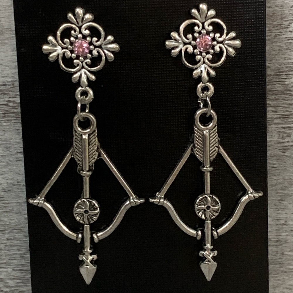 Bow and Arrow Pink Rhinestone Earrings - Picture 3 of 4